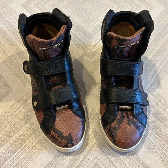 Jimmy Choo Brown & Brown Snakeskin Double Velcro High Top Sneakers - Size 37 - Picture 1 of 9